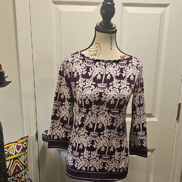 Talbots Chic Long Sleeve Floral Top - Plum and White - Picture 1 of 8
